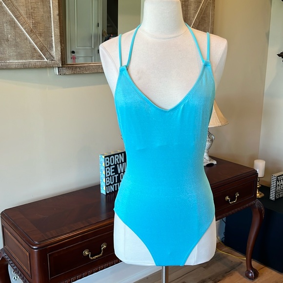 Sky Blue One Piece Criss Cross Back Swimsuit - Picture 2 of 7